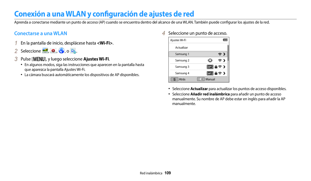 Samsung EC-DV150FBPLIL, EC-DV150FBPWE1 manual Conexión a una Wlan y configuración de ajustes de red, Conectarse a una Wlan 