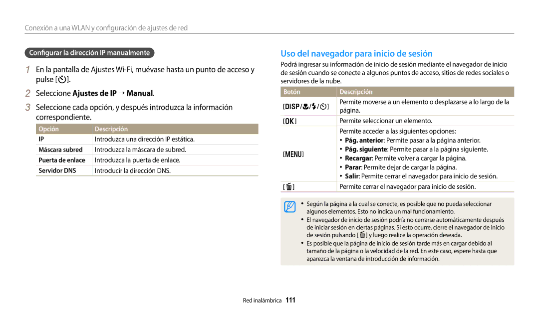 Samsung EC-DV150FBPLE1, EC-DV150FBPWE1 Uso del navegador para inicio de sesión, Pulse t, Seleccione Ajustes de IP → Manual 