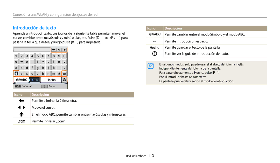 Samsung EC-DV150FBPPE1, EC-DV150FBPWE1 manual Introducción de texto, Permite cambiar entre el modo Símbolo y el modo ABC 