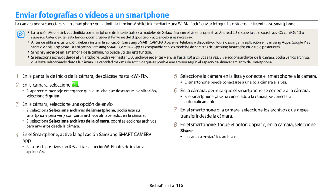 Samsung EC-DV150FBPPIL manual Enviar fotografías o vídeos a un smartphone, En la cámara, seleccione una opción de envío 