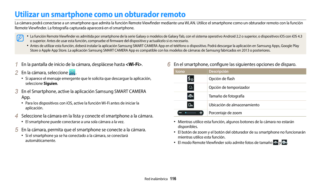 Samsung EC-DV150FBPWE1 manual Utilizar un smartphone como un obturador remoto, Opción de flash, Opción de temporizador 