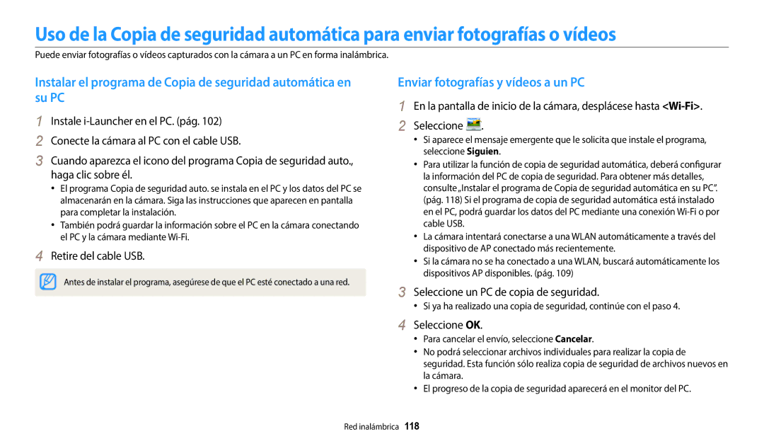 Samsung EC-DV150FBPLIL Enviar fotografías y vídeos a un PC, Retire del cable USB, Seleccione un PC de copia de seguridad 