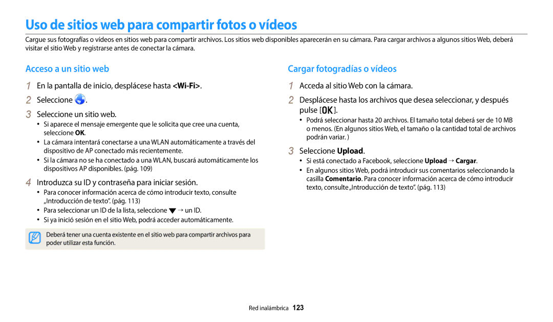 Samsung EC-DV150FBPBIL Uso de sitios web para compartir fotos o vídeos, Acceso a un sitio web, Cargar fotogradías o vídeos 