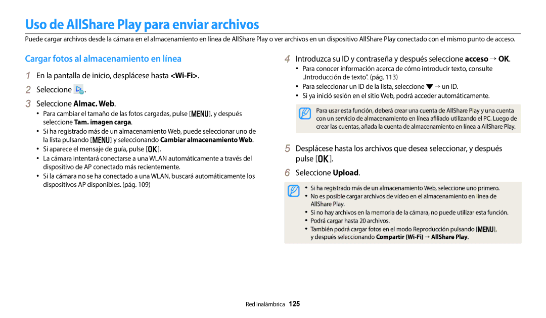 Samsung EC-DV150FBPWE1, EC-DV150FBPEIL Uso de AllShare Play para enviar archivos, Cargar fotos al almacenamiento en línea 