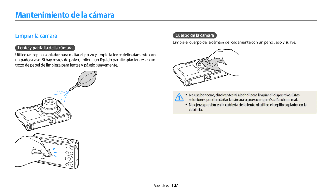 Samsung EC-DV150FBPWIL Mantenimiento de la cámara, Limpiar la cámara, Lente y pantalla de la cámara, Cuerpo de la cámara 