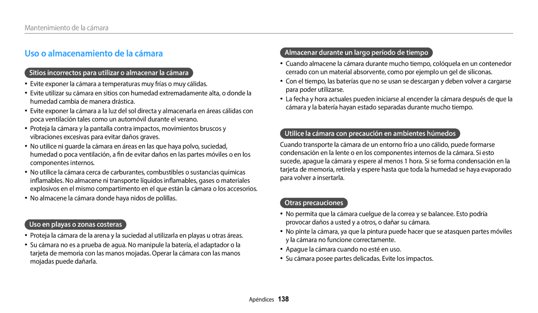 Samsung EC-DV150FBPLE1, EC-DV150FBPWE1, EC-DV150FBPEIL, EC-DV150FBPLIL, EC-DV150FBPWIL manual Uso o almacenamiento de la cámara 