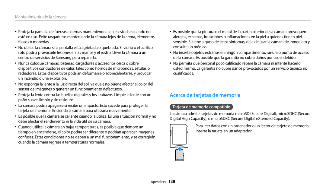 Samsung EC-DV150FBPBE1, EC-DV150FBPWE1, EC-DV150FBPEIL manual Acerca de tarjetas de memoria, Tarjeta de memoria compatible 