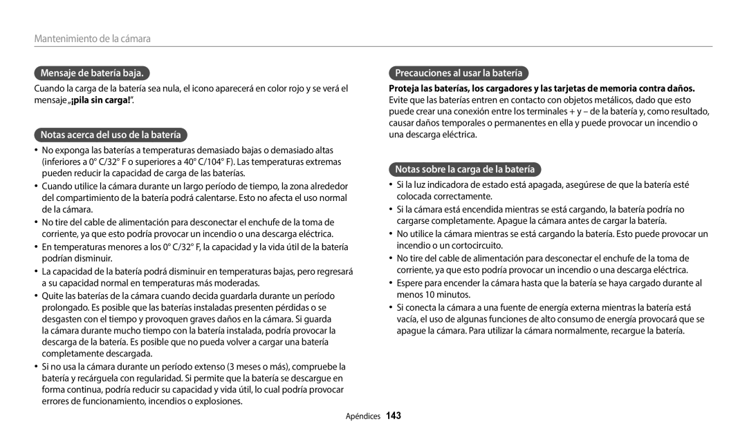 Samsung EC-DV150FBPWE1 manual Mensaje de batería baja, Notas acerca del uso de la batería, Precauciones al usar la batería 