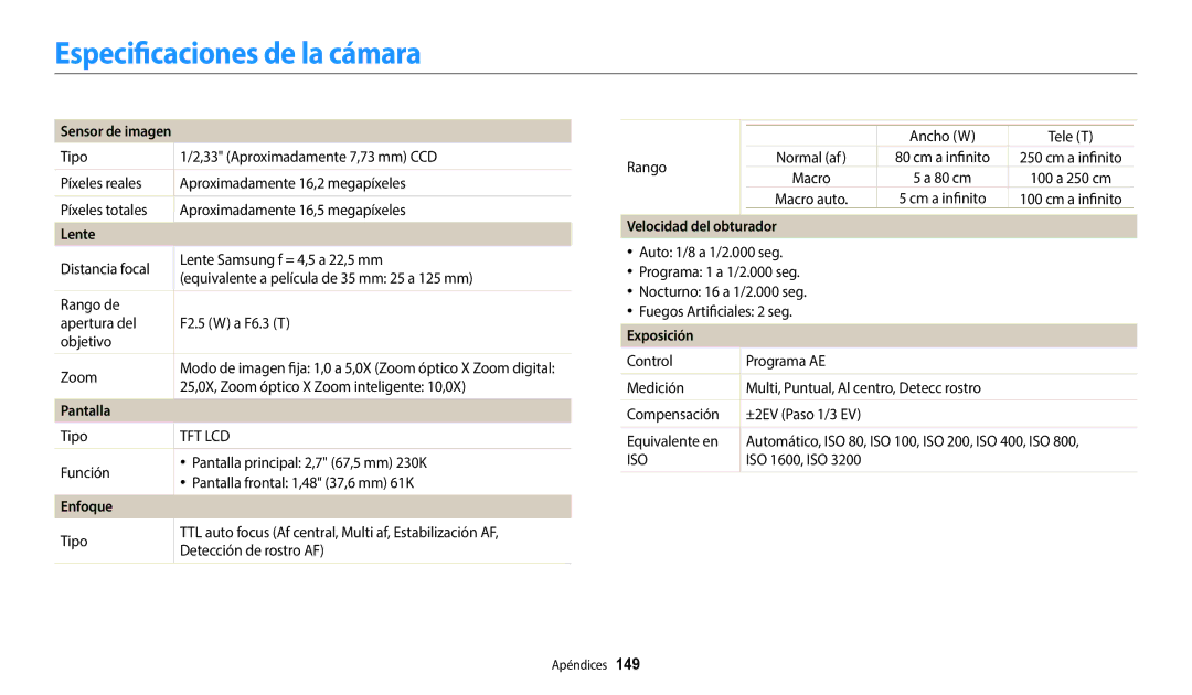 Samsung EC-DV150FBPPE1 manual Especificaciones de la cámara, Sensor de imagen, Enfoque, Velocidad del obturador, Exposición 