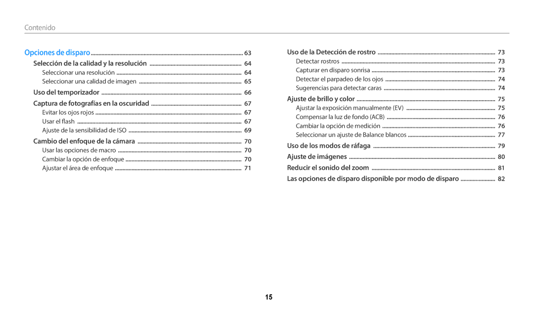 Samsung EC-DV150FBPBIL, EC-DV150FBPWE1, EC-DV150FBPEIL, EC-DV150FBPLIL, EC-DV150FBPWIL, EC-DV150FBPLE1 manual Contenido 