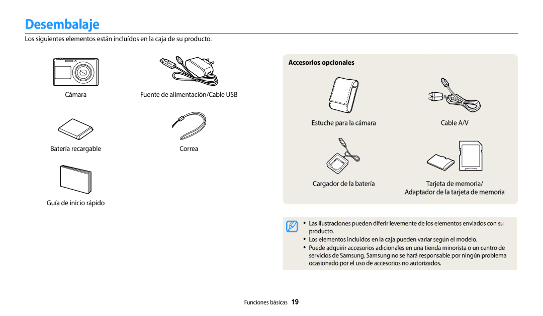 Samsung EC-DV150FBPLIL, EC-DV150FBPWE1, EC-DV150FBPEIL, EC-DV150FBPWIL, EC-DV150FBPLE1 Desembalaje, Accesorios opcionales 