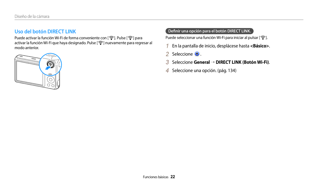 Samsung EC-DV150FBPBE1 Uso del botón Direct Link, Seleccione General → Direct Link Botón Wi-Fi, Seleccione una opción. pág 