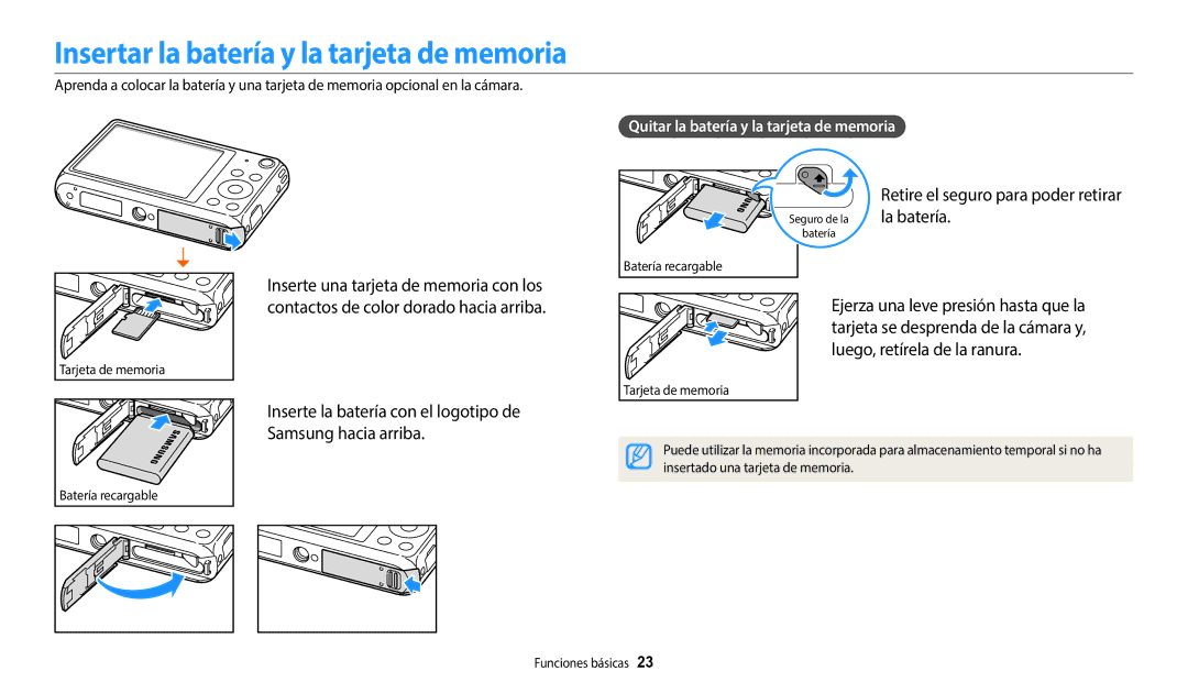 Samsung EC-DV150FBPPE1 manual Insertar la batería y la tarjeta de memoria, Retire el seguro para poder retirar la batería 