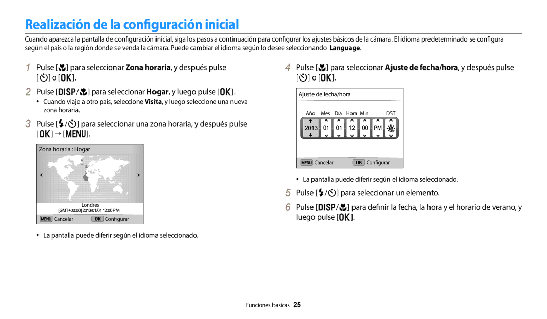 Samsung EC-DV150FBPPIL Realización de la configuración inicial, La pantalla puede diferir según el idioma seleccionado 