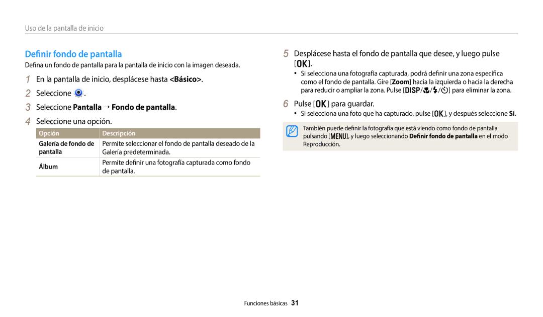 Samsung EC-DV150FBPBE1 Definir fondo de pantalla, Seleccione Pantalla → Fondo de pantalla, Seleccione una opción, Opción 