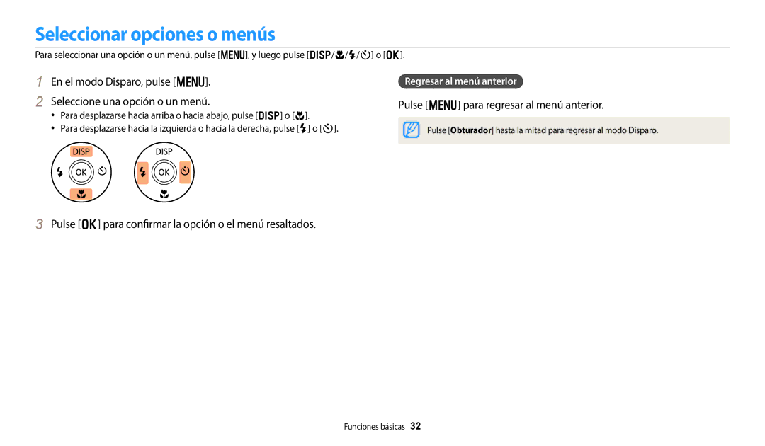 Samsung EC-DV150FBPPE1 manual Seleccionar opciones o menús, En el modo Disparo, pulse m Seleccione una opción o un menú 