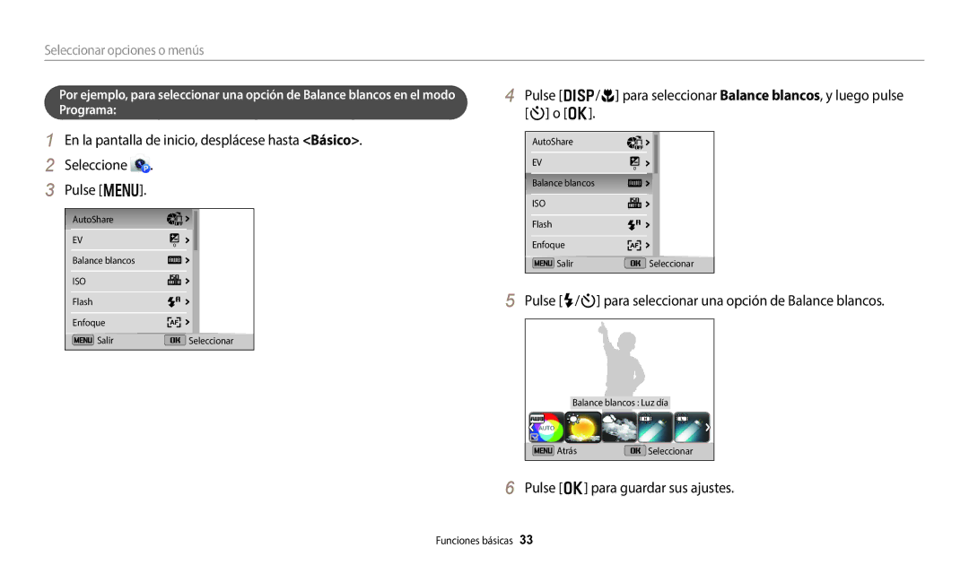 Samsung EC-DV150FBPBIL manual Pulse F/t para seleccionar una opción de Balance blancos, Pulse o para guardar sus ajustes 