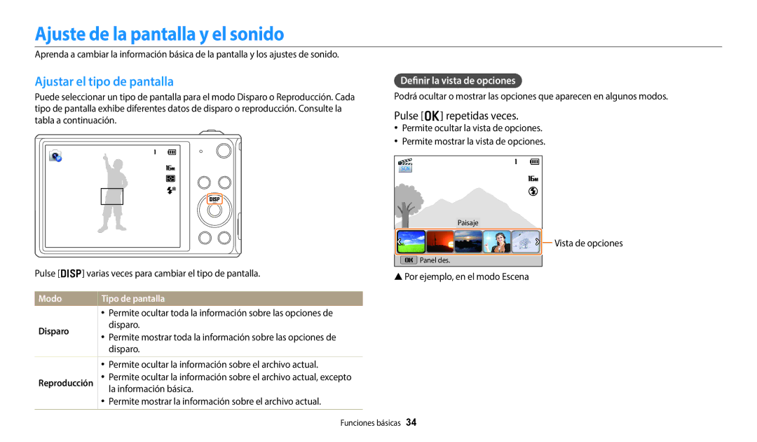 Samsung EC-DV150FBPPIL manual Ajuste de la pantalla y el sonido, Ajustar el tipo de pantalla, Pulse o repetidas veces 