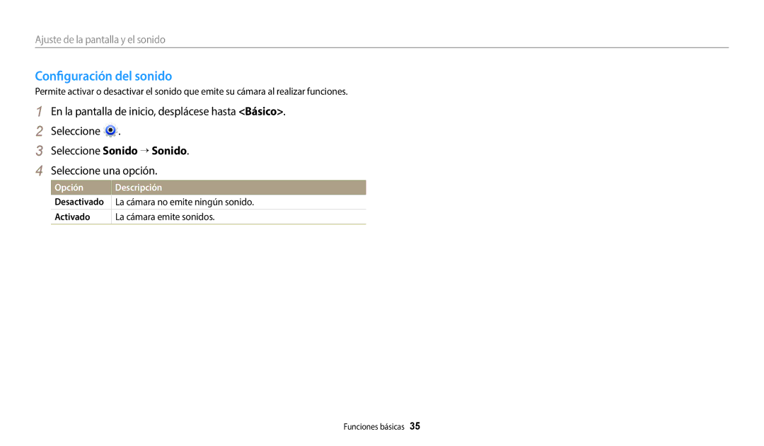 Samsung EC-DV150FBPWE1, EC-DV150FBPEIL manual Configuración del sonido, Opción Descripción, La cámara no emite ningún sonido 