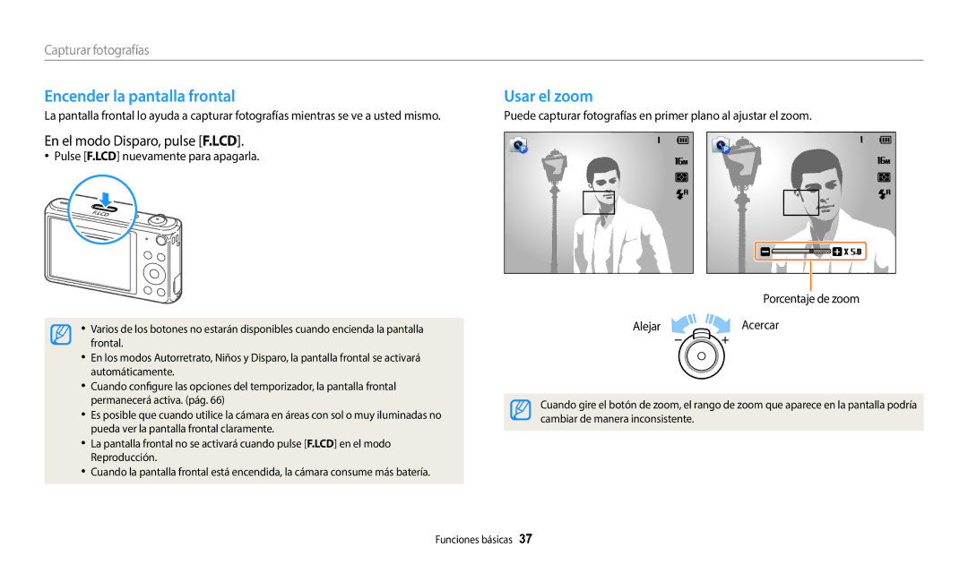 Samsung EC-DV150FBPLIL, EC-DV150FBPWE1 manual Encender la pantalla frontal, Usar el zoom, En el modo Disparo, pulse F.LCD 
