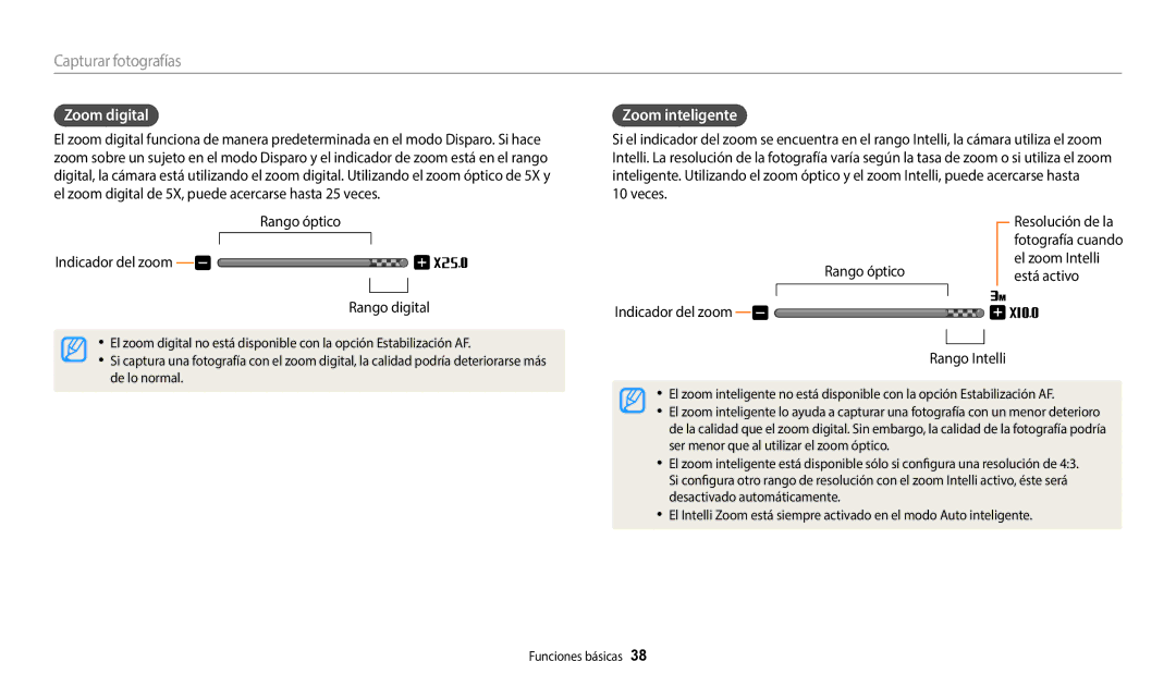 Samsung EC-DV150FBPWIL manual Zoom digital, Zoom inteligente, Veces Rango óptico Indicador del zoom, Rango digital 