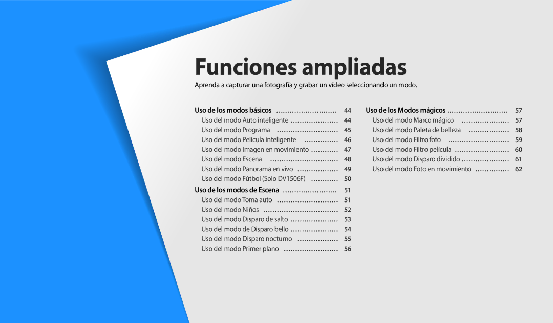 Samsung EC-DV150FBPPIL, EC-DV150FBPWE1, EC-DV150FBPEIL manual Funciones ampliadas, Uso de los modos de Escena …………………… 