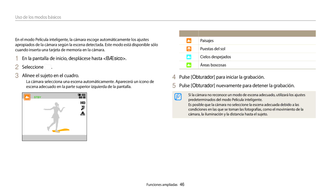 Samsung EC-DV150FBPLIL, EC-DV150FBPWE1, EC-DV150FBPEIL, EC-DV150FBPWIL, EC-DV150FBPLE1 manual Uso del modo Película inteligente 