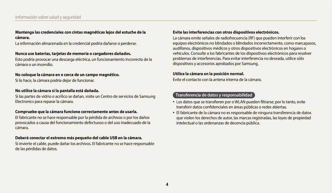 Samsung EC-DV150FBPBE1 Transferencia de datos y responsabilidad, No coloque la cámara en o cerca de un campo magnético 
