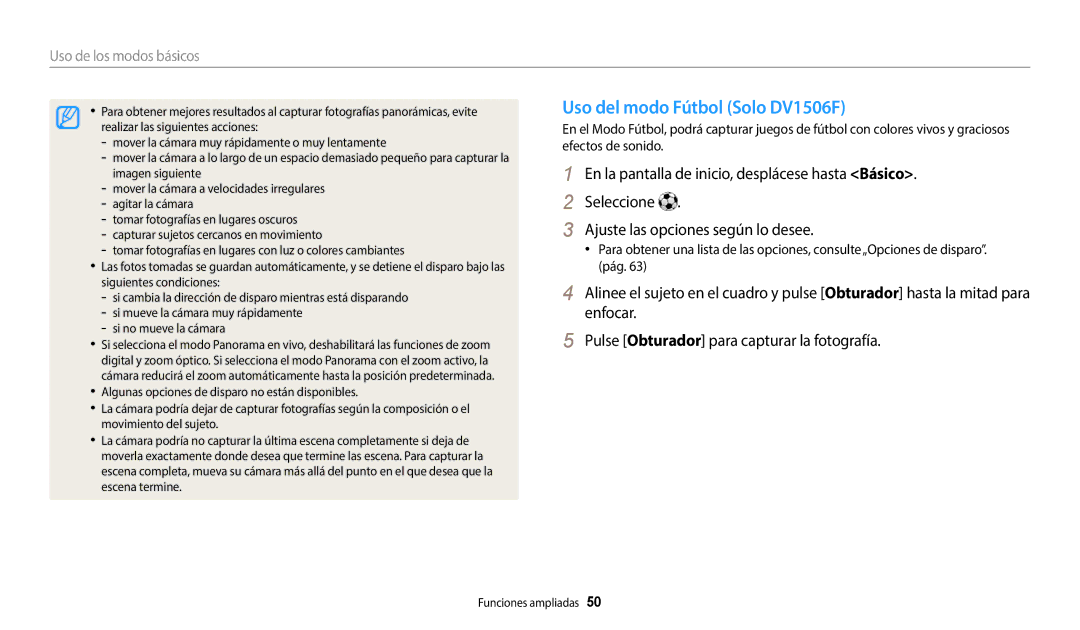 Samsung EC-DV150FBPPE1, EC-DV150FBPWE1, EC-DV150FBPEIL, EC-DV150FBPLIL, EC-DV150FBPWIL manual Uso del modo Fútbol Solo DV1506F 