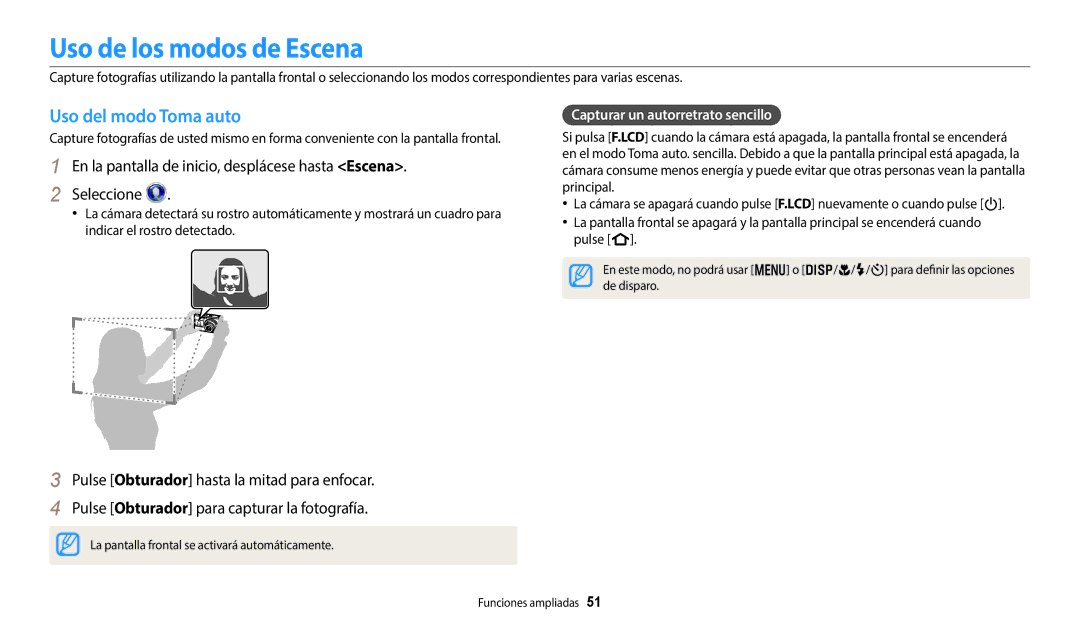 Samsung EC-DV150FBPBIL manual Uso de los modos de Escena, Uso del modo Toma auto, Capturar un autorretrato sencillo 