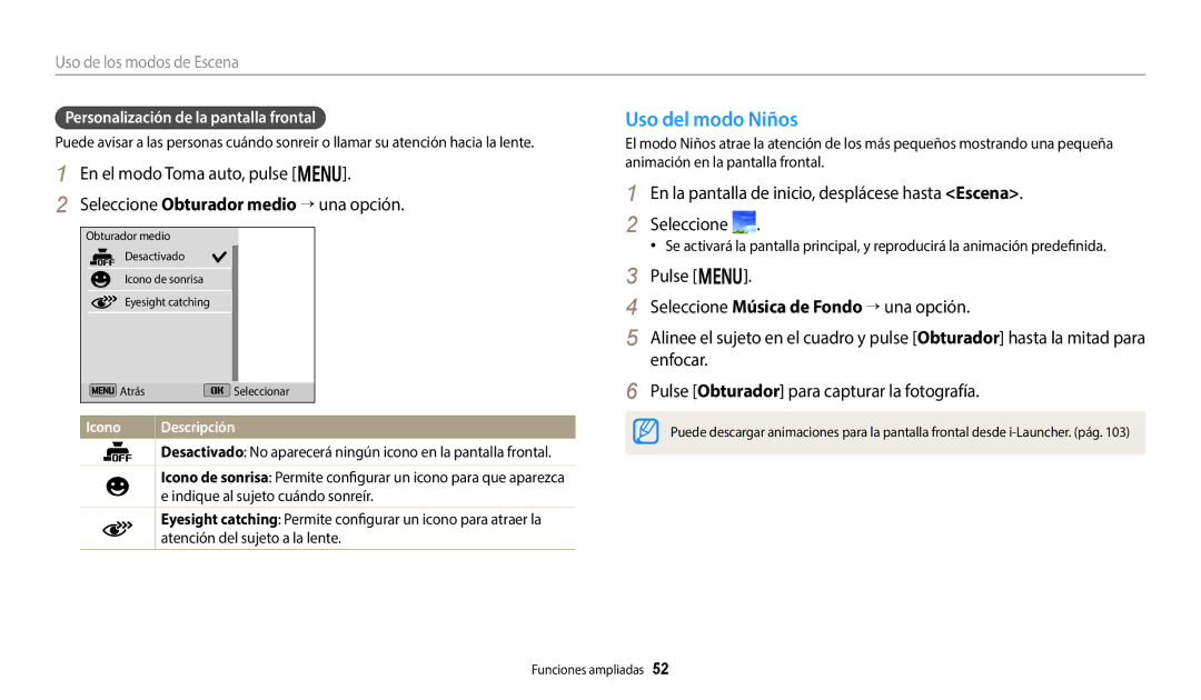 Samsung EC-DV150FBPPIL manual Uso del modo Niños, Personalización de la pantalla frontal, Indique al sujeto cuándo sonreír 