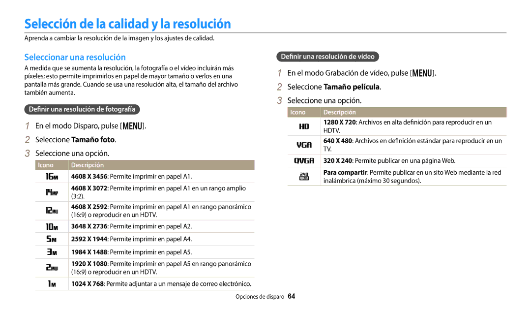 Samsung EC-DV150FBPLIL Selección de la calidad y la resolución, Seleccionar una resolución, Seleccione Tamaño película 