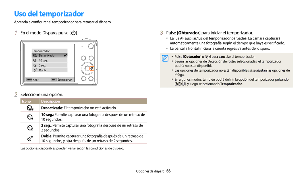 Samsung EC-DV150FBPLE1 Uso del temporizador, En el modo Disparo, pulse t, Pulse Obturador para iniciar el temporizador 