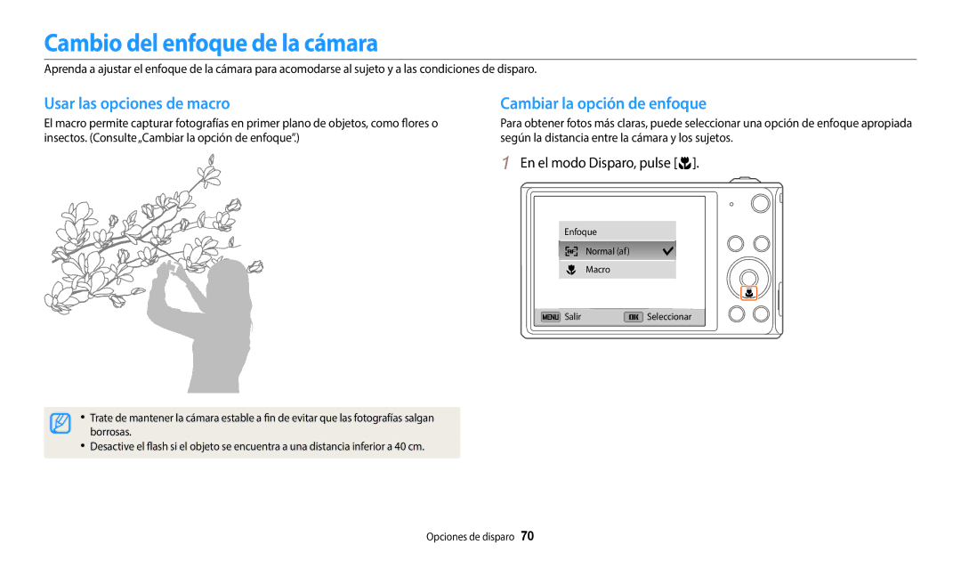 Samsung EC-DV150FBPPIL manual Cambio del enfoque de la cámara, Usar las opciones de macro, Cambiar la opción de enfoque 