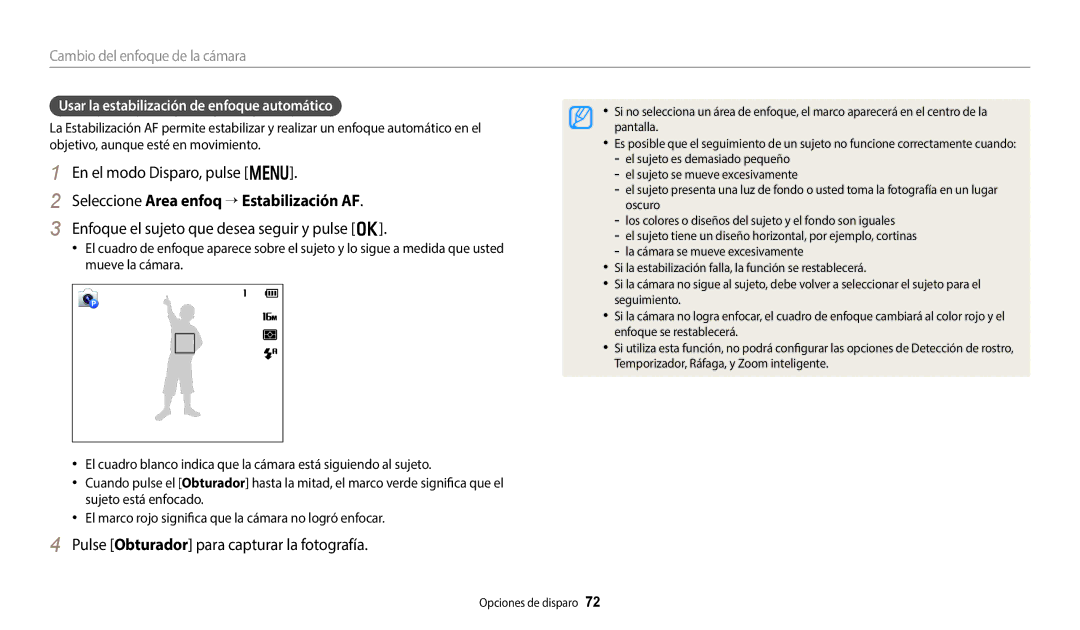 Samsung EC-DV150FBPEIL manual Seleccione Area enfoq → Estabilización AF, Enfoque el sujeto que desea seguir y pulse o 