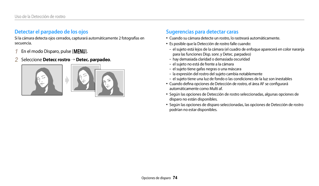 Samsung EC-DV150FBPWIL, EC-DV150FBPWE1, EC-DV150FBPEIL Detectar el parpadeo de los ojos, Sugerencias para detectar caras 