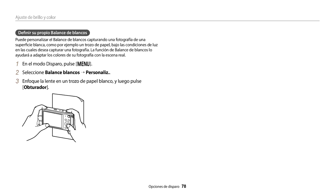 Samsung EC-DV150FBPBIL, EC-DV150FBPWE1 manual Seleccione Balance blancos → Personaliz, Definir su propio Balance de blancos 