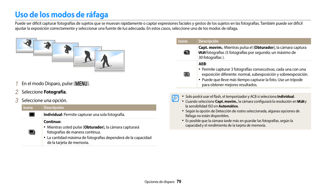 Samsung EC-DV150FBPPIL, EC-DV150FBPWE1, EC-DV150FBPEIL, EC-DV150FBPLIL Uso de los modos de ráfaga, Continuo, Fotografías 