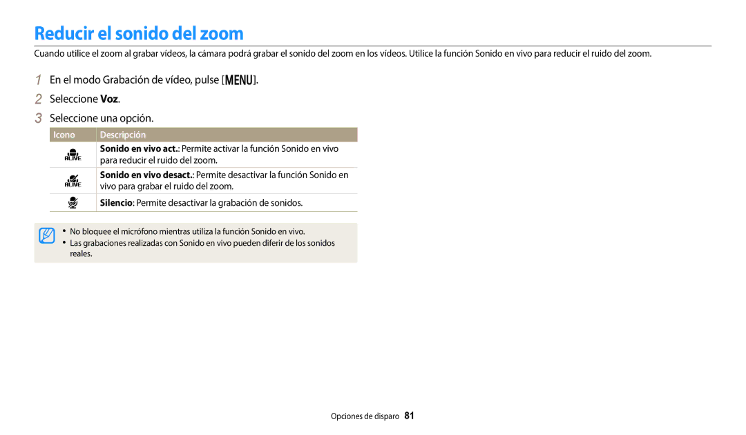 Samsung EC-DV150FBPEIL Reducir el sonido del zoom, Para reducir el ruido del zoom, Vivo para grabar el ruido del zoom 