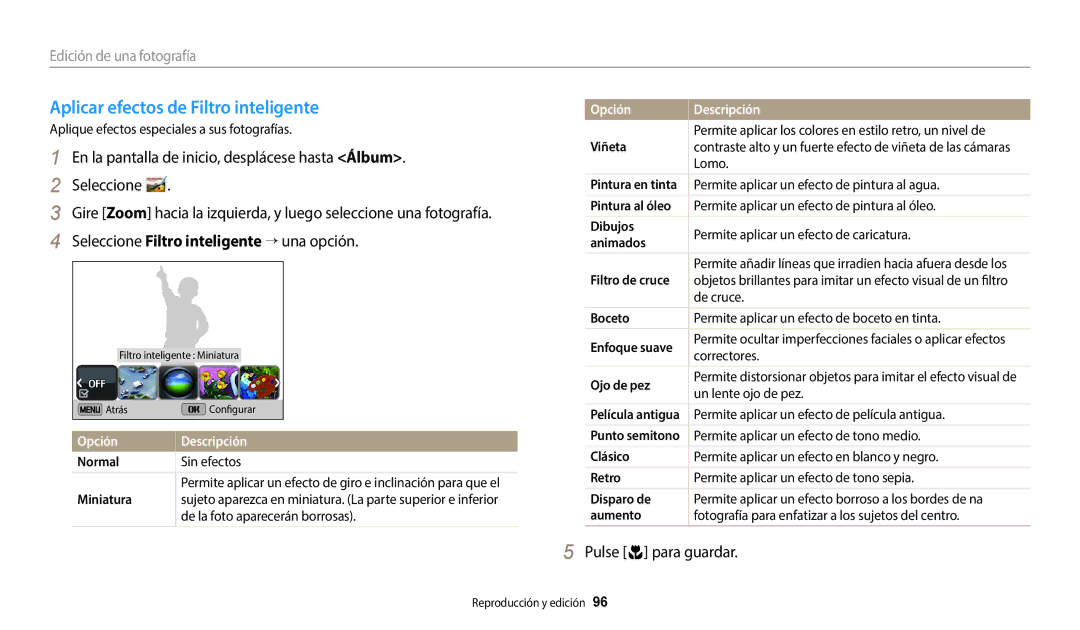 Samsung EC-DV150FBPBIL Aplicar efectos de Filtro inteligente, En la pantalla de inicio, desplácese hasta Álbum Seleccione 