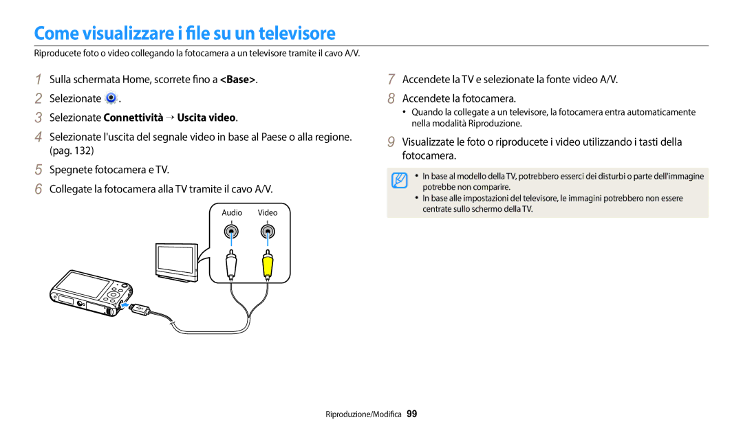 Samsung EC-DV150FBPWE1 manual Come visualizzare i file su un televisore, Selezionate Connettività → Uscita video 