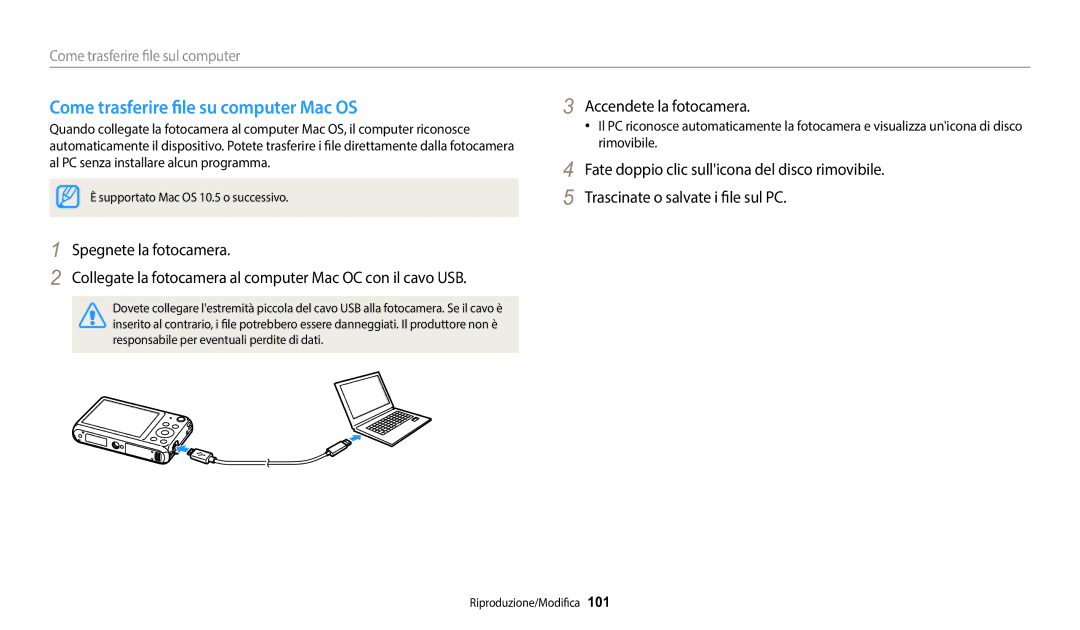 Samsung EC-DV150FBPWE1 manual Come trasferire file su computer Mac OS 