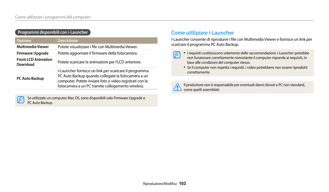 Samsung EC-DV150FBPWE1 manual Come utilizzare i-Launcher, Programmi disponibili con i-Launcher 