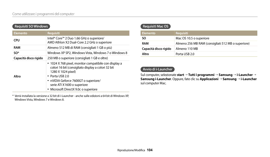 Samsung EC-DV150FBPWE1 manual Requisiti SO Windows, Requisiti Mac OS, Avvio di i-Launcher, Elemento Requisiti 