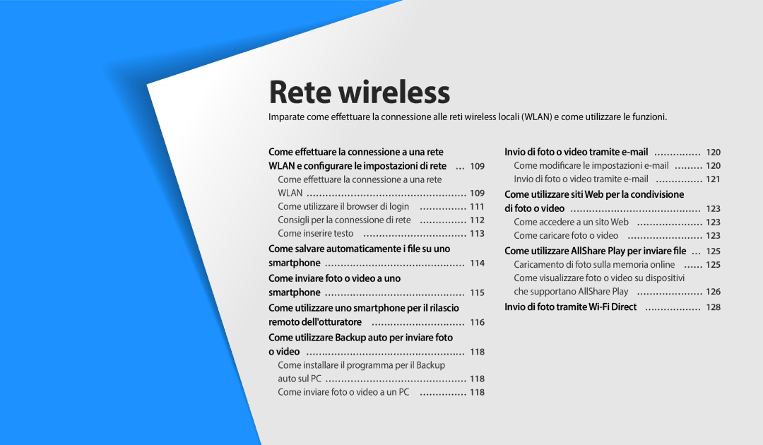 Samsung EC-DV150FBPWE1 manual Rete wireless, Wlan e configurare le impostazioni di rete … 