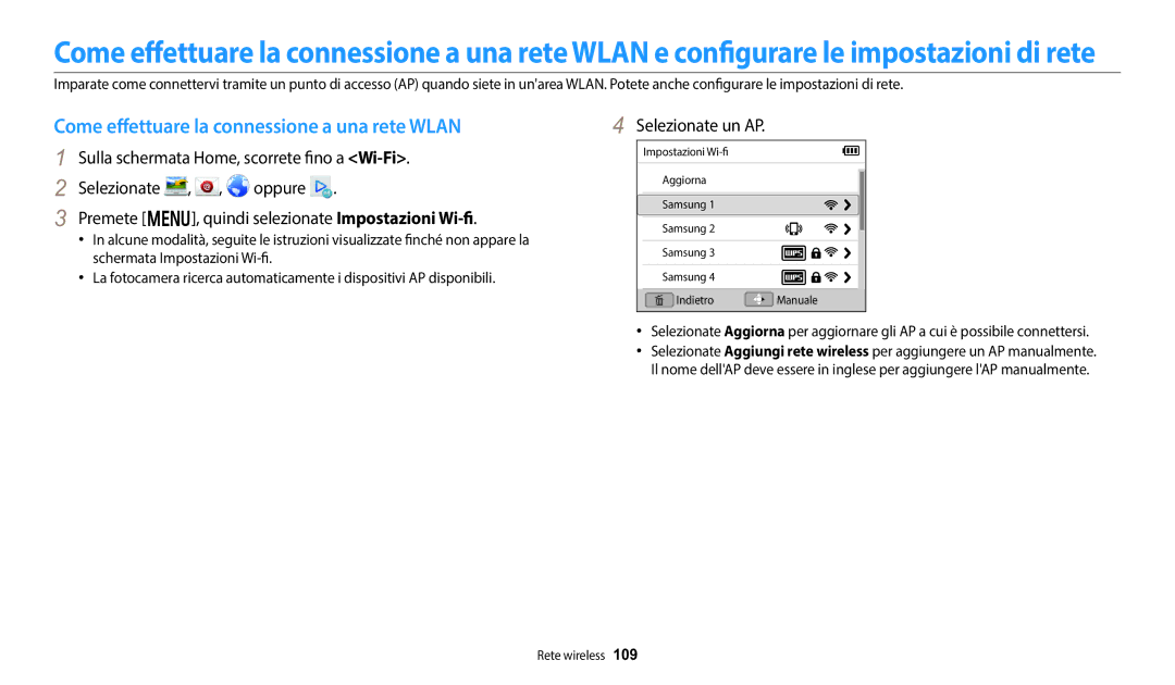 Samsung EC-DV150FBPWE1 manual Come effettuare la connessione a una rete Wlan, Selezionate un AP 