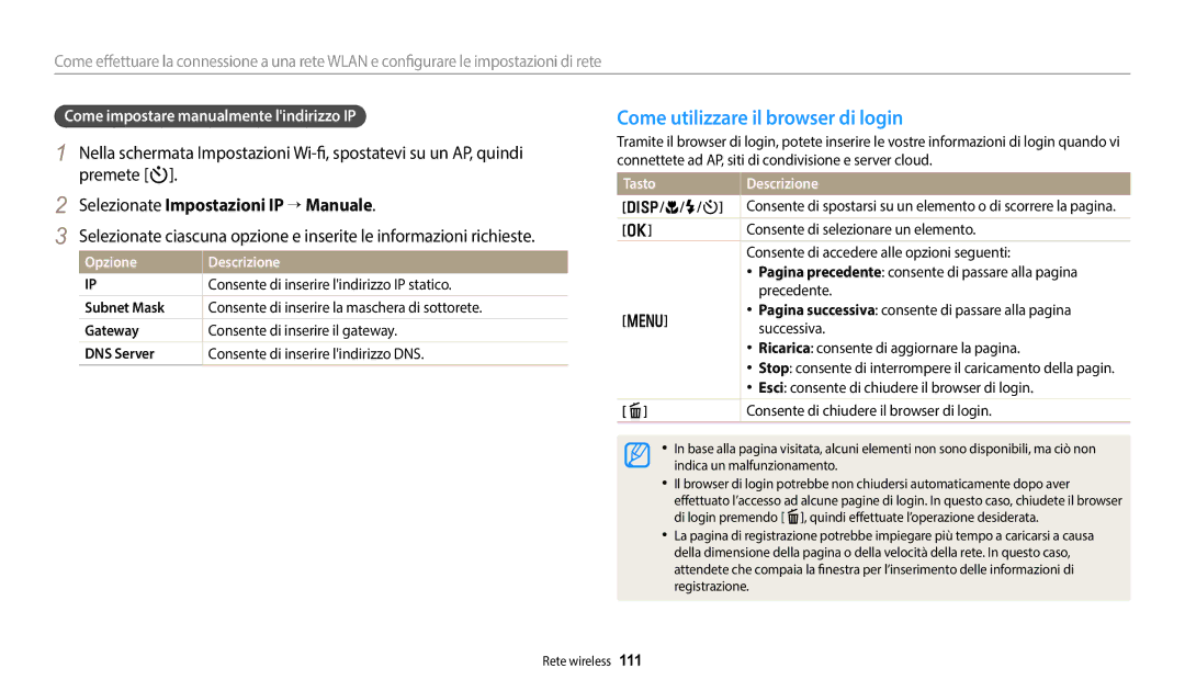 Samsung EC-DV150FBPWE1 manual Come utilizzare il browser di login, Premete t, Selezionate Impostazioni IP → Manuale 