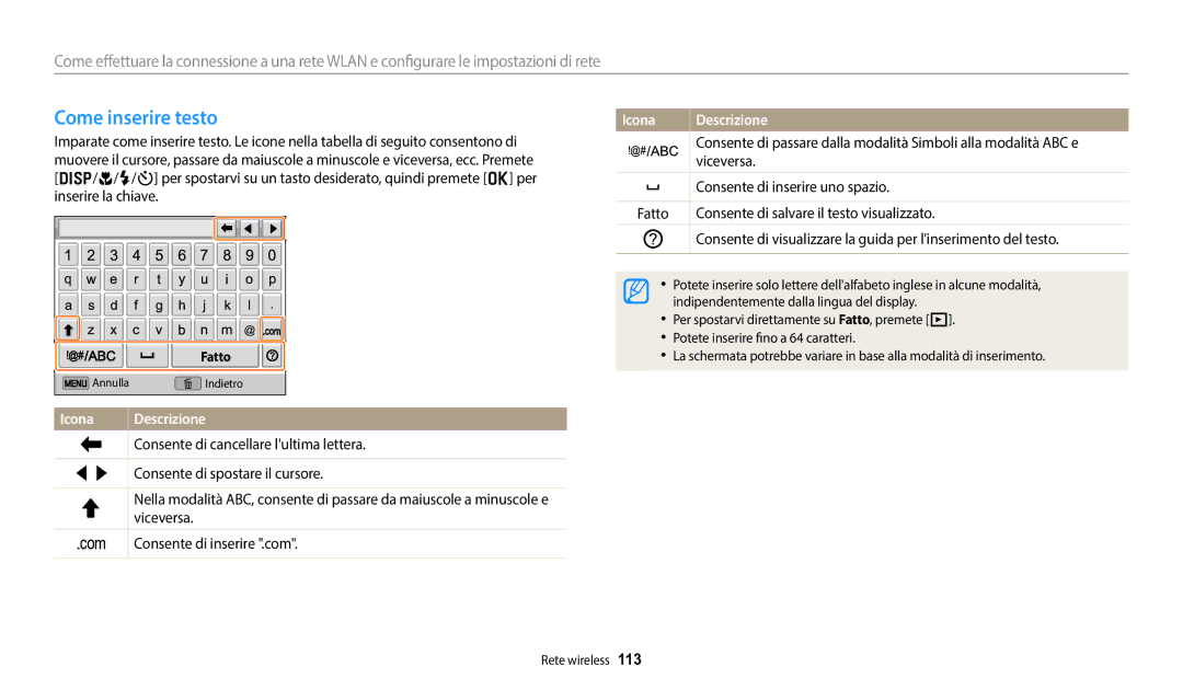 Samsung EC-DV150FBPWE1 manual Come inserire testo, Viceversa, Consente di inserire uno spazio 