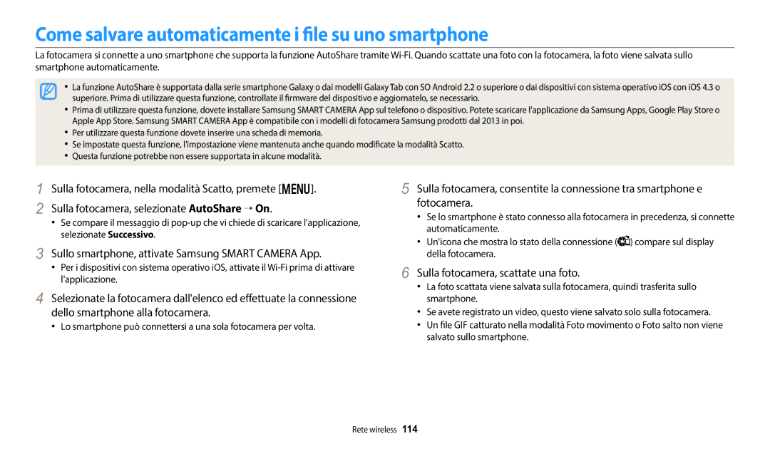 Samsung EC-DV150FBPWE1 manual Come salvare automaticamente i file su uno smartphone, Sulla fotocamera, scattate una foto 