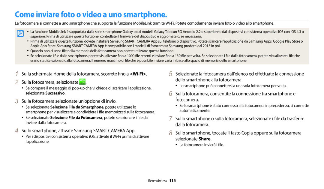 Samsung EC-DV150FBPWE1 manual Come inviare foto o video a uno smartphone, Sulla fotocamera selezionate unopzione di invio 